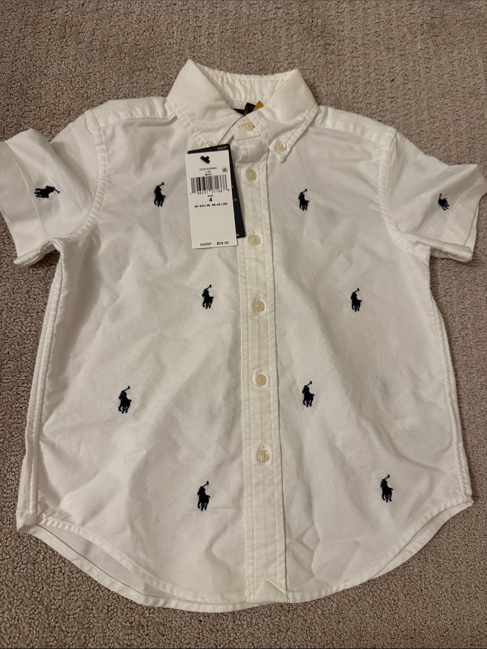 Ralph Lauren White Short-Sleeve Button-Down with Navy Pony Motif